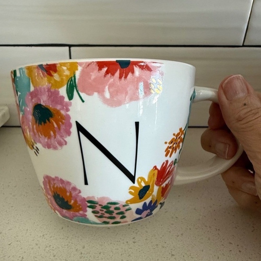 Opalhouse Monogram Letter N Floral Stoneware Mug Gold Foil Accents 16oz